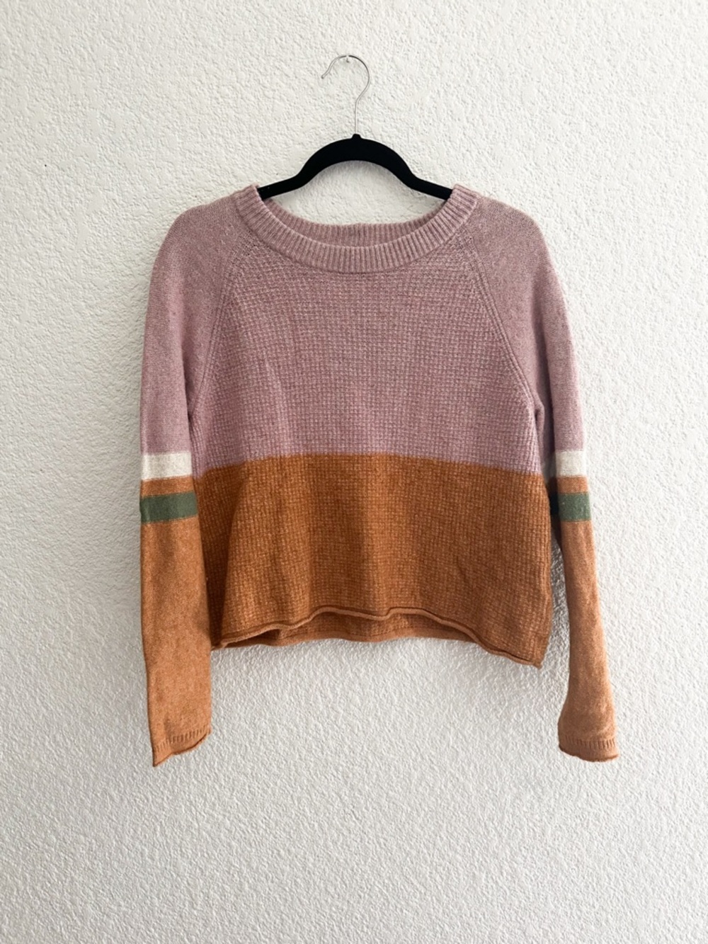 Madewell Pink and Camel Colorblock Cropped Crewneck Sweater